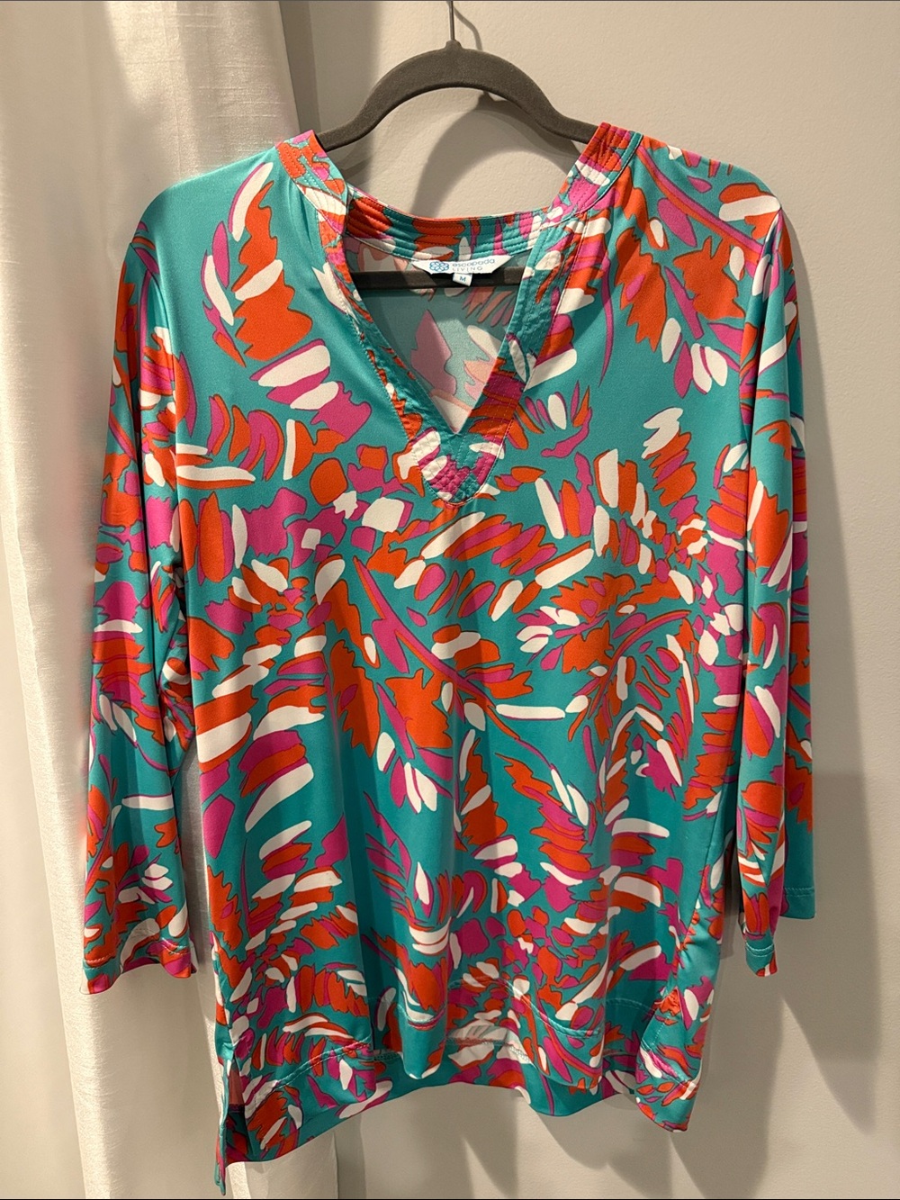 Vibrant Teal Floral V-Neck Women’s Top medium loose fit